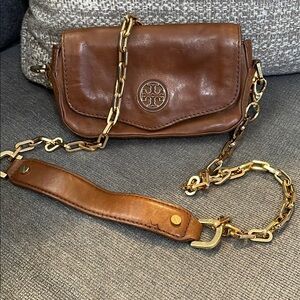 Tory Burch Brown and Gold Mini Crossbody Bag with Chain Strap